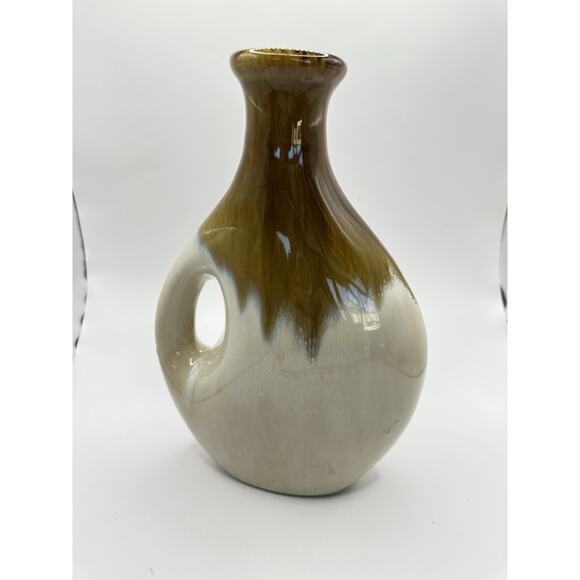Vintage Mid Century Design Brown Drip Ceramic Vase with Handle 9.5 Inches - Picture 2 of 10